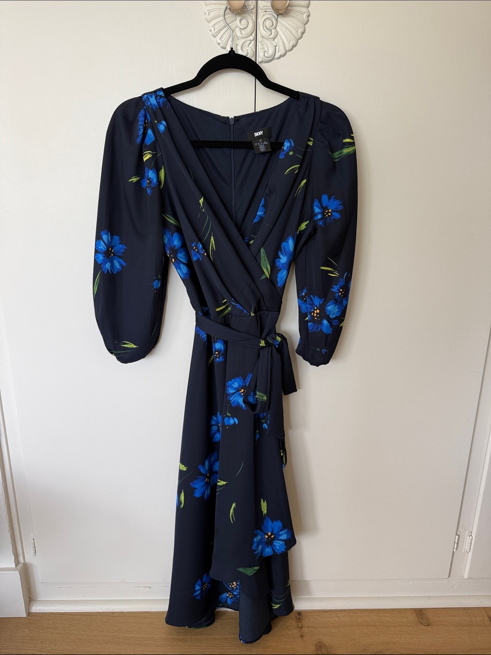 DKNY Black Midi Wrap Dress with Blue Floral Print